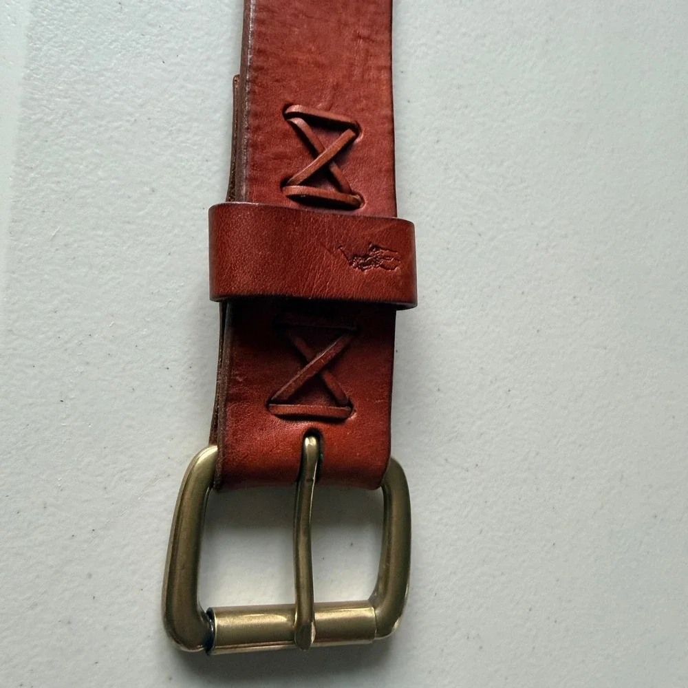 Polo Ralph Lauren Leather Belt 34 Brown Cross Stitch Brass Buckle 405070171-236